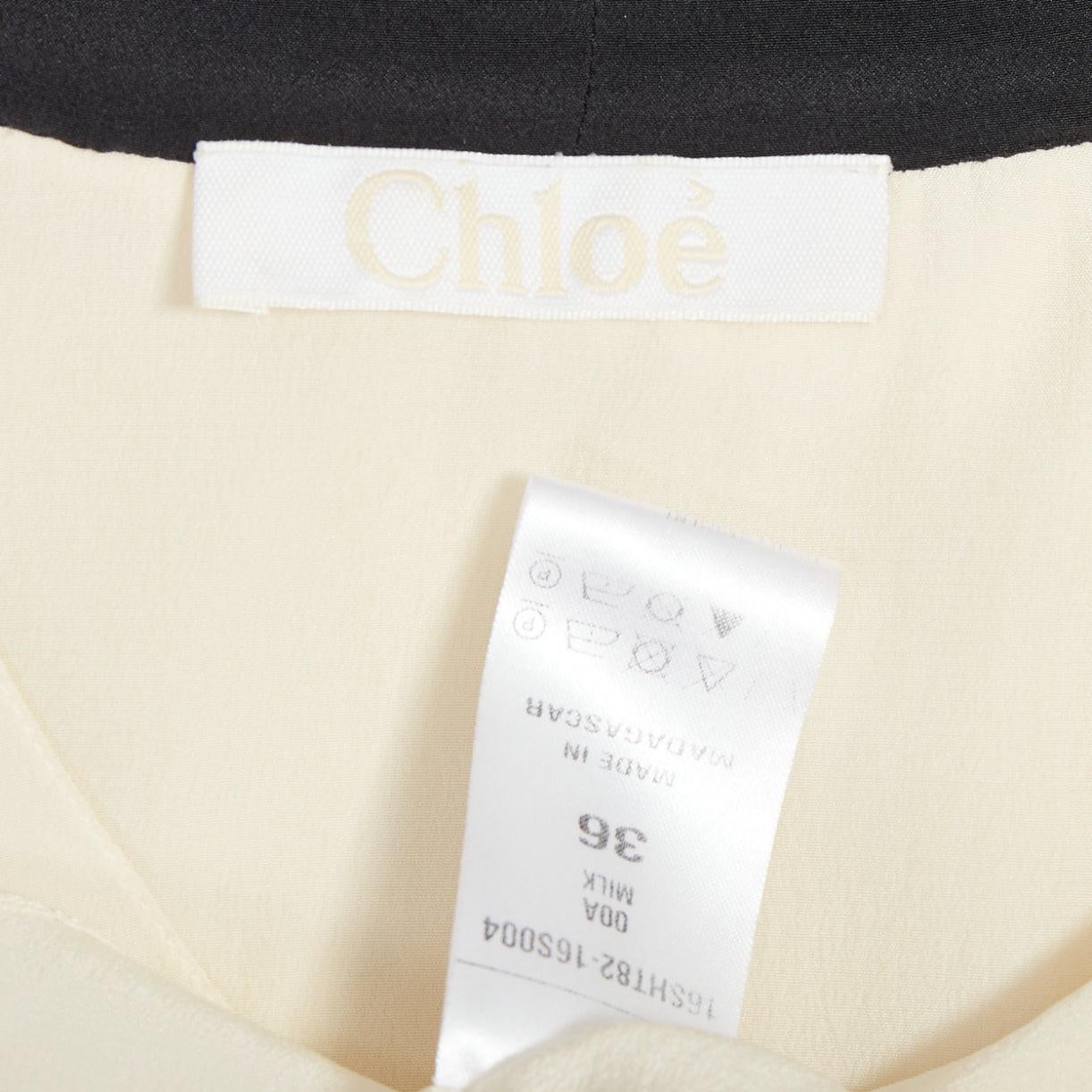 CHLOE milk cream black 100% silk ruffled peasant blouse tie neck FR36 S en vente 3