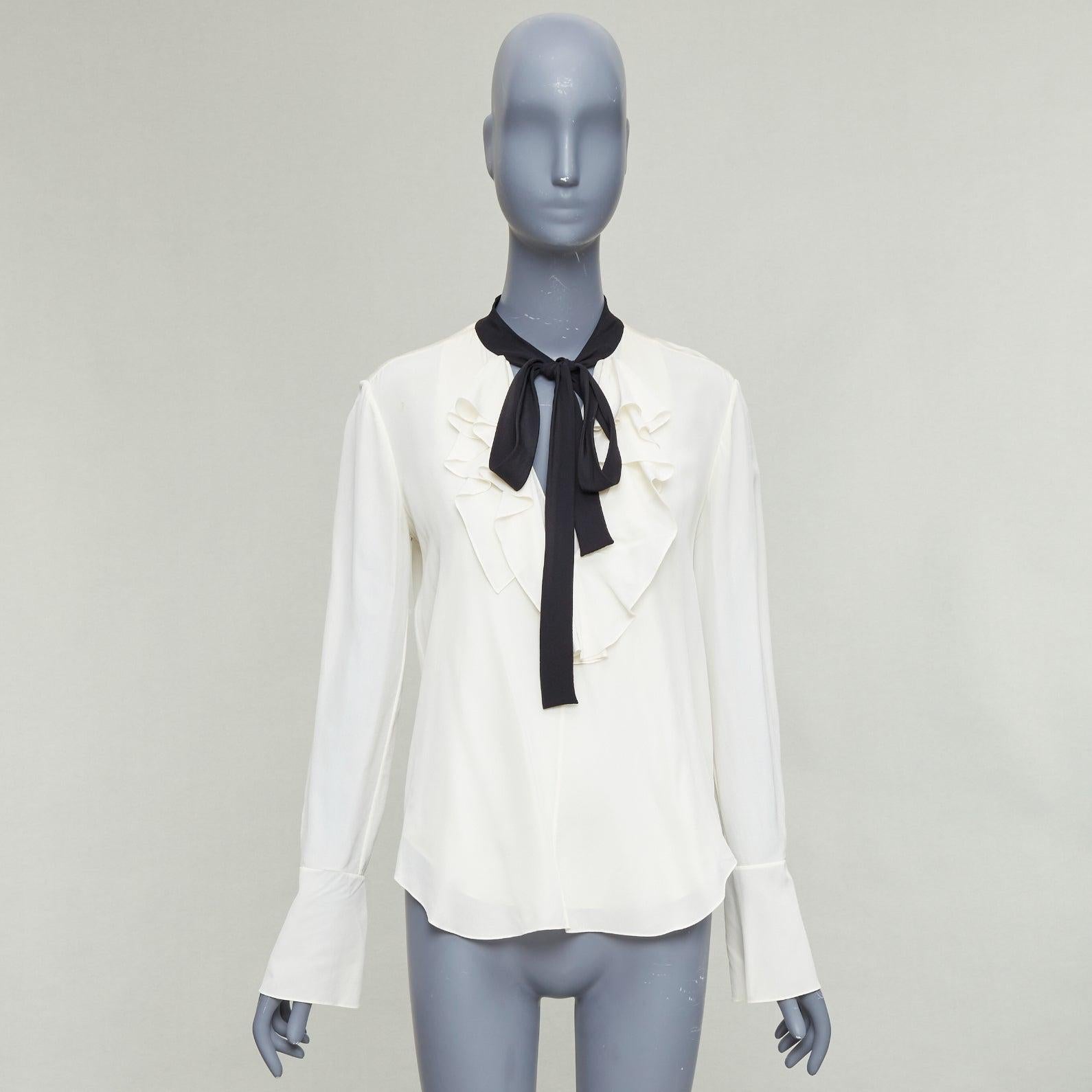 CHLOE milk cream black 100% silk ruffled peasant blouse tie neck FR36 S en vente 4