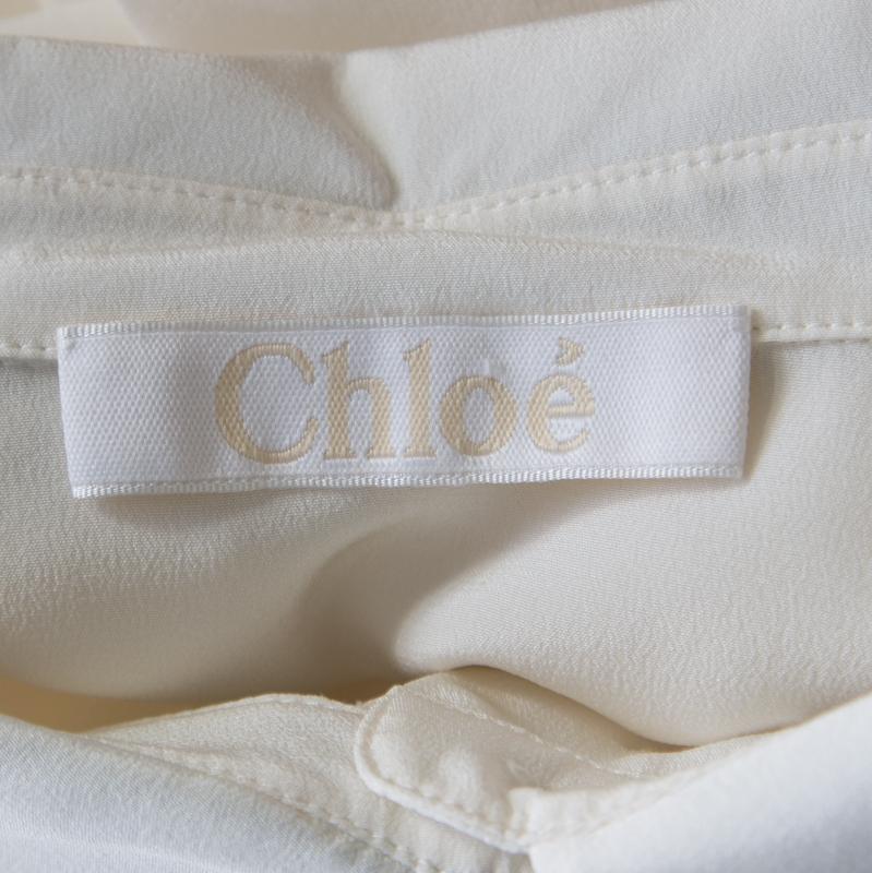 Women's Chloe Milk White Crepe de Chine Contrast Neck Tie Detail Blouse M