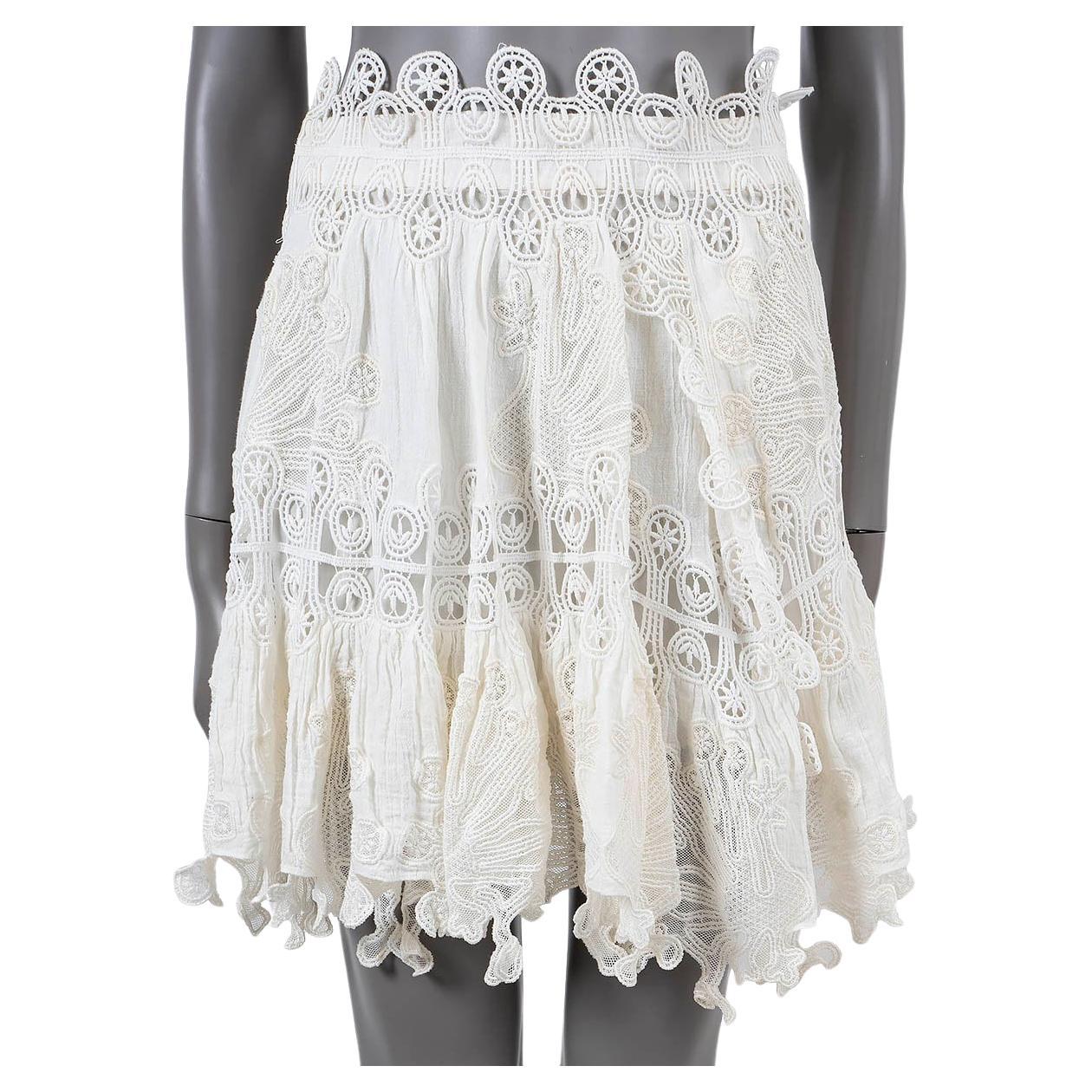 CHLOE Milk white linen blend 2015 PEACOCK EMBROIDERED Skirt 34 XS For Sale