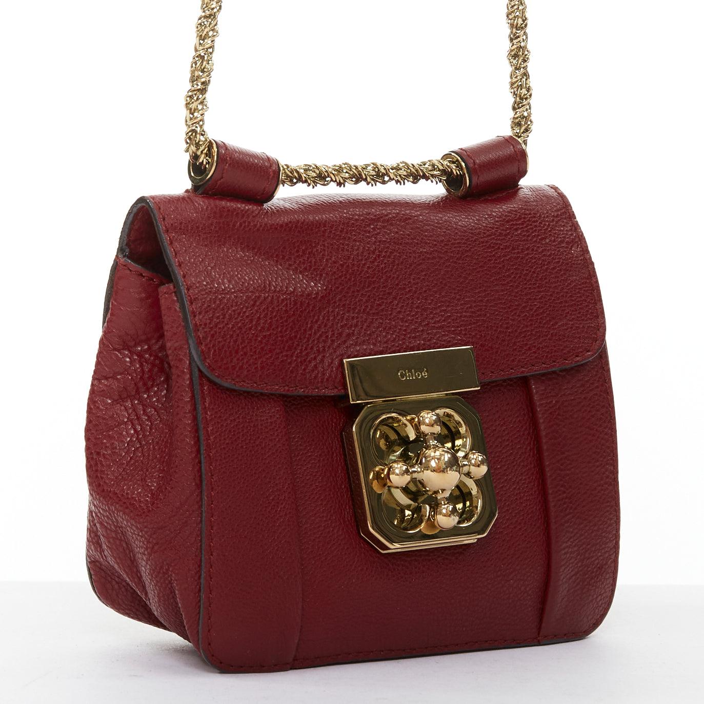 Brown CHLOE Mini Elsie burgundy leather gold turnlock mini crossbody bag For Sale