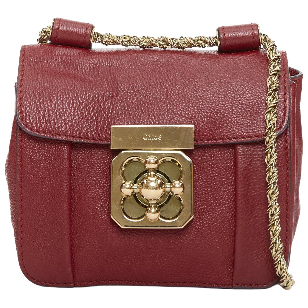 CHLOE Mini Elsie burgundy leather gold turnlock mini crossbody bag For Sale
