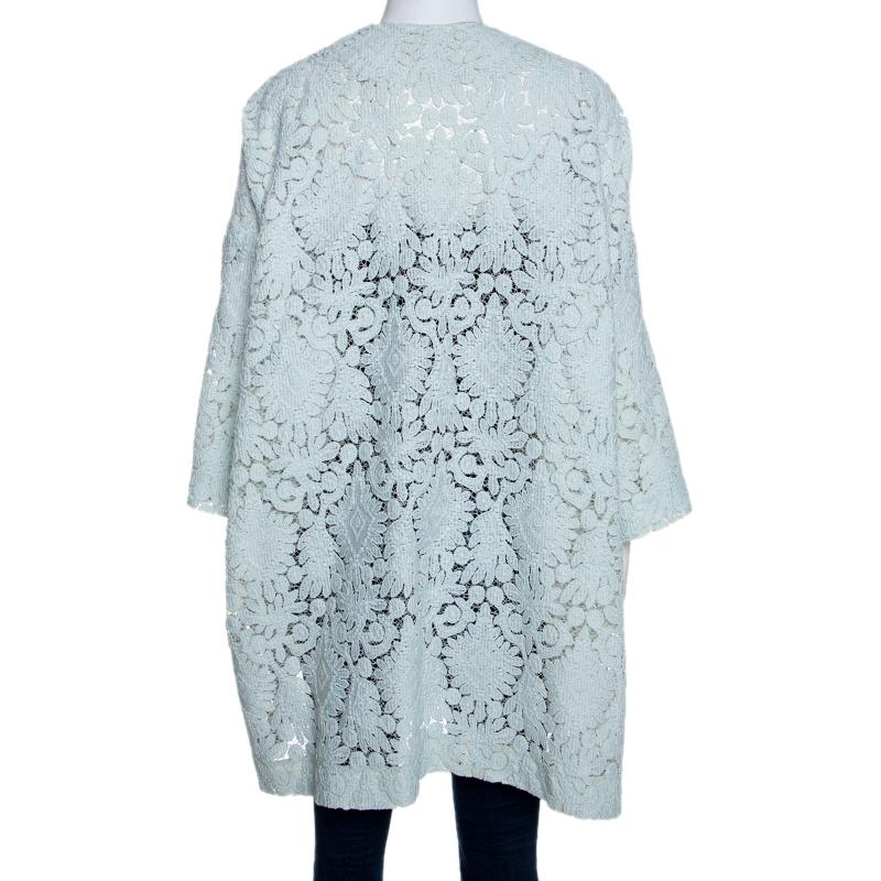 This chic coat from Chloe is a great option as it promises you immense comfort without compromising on style. An offbeat companion with all your outfits, this one is in mint green and is styled with guipure lace design, an oversized silhouette, and