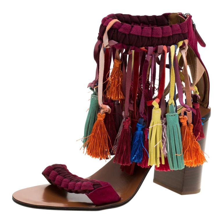 Chloe Multicolor Leather And Suede Tassel Detail Block Heel Sandals ...