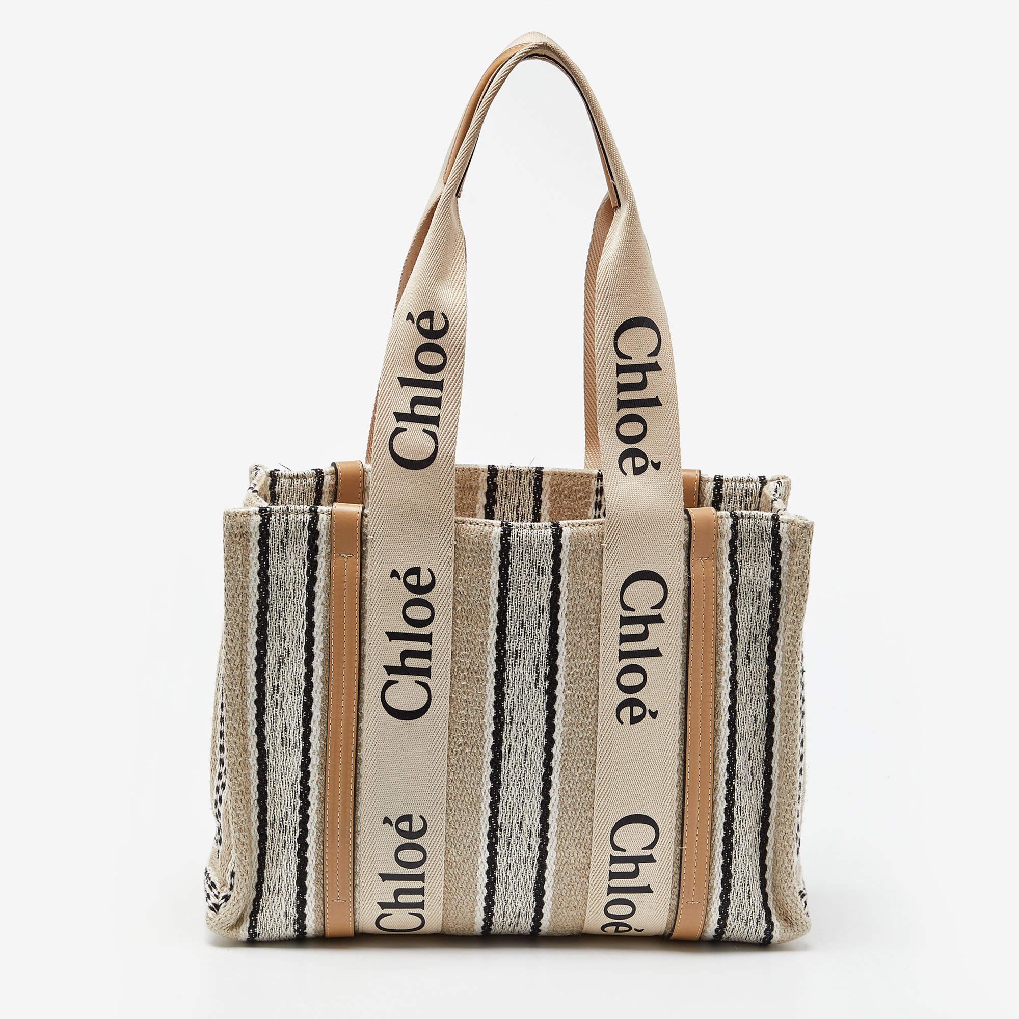 Chloe Multicolor Linen and Leather Medium Woody Tote 5