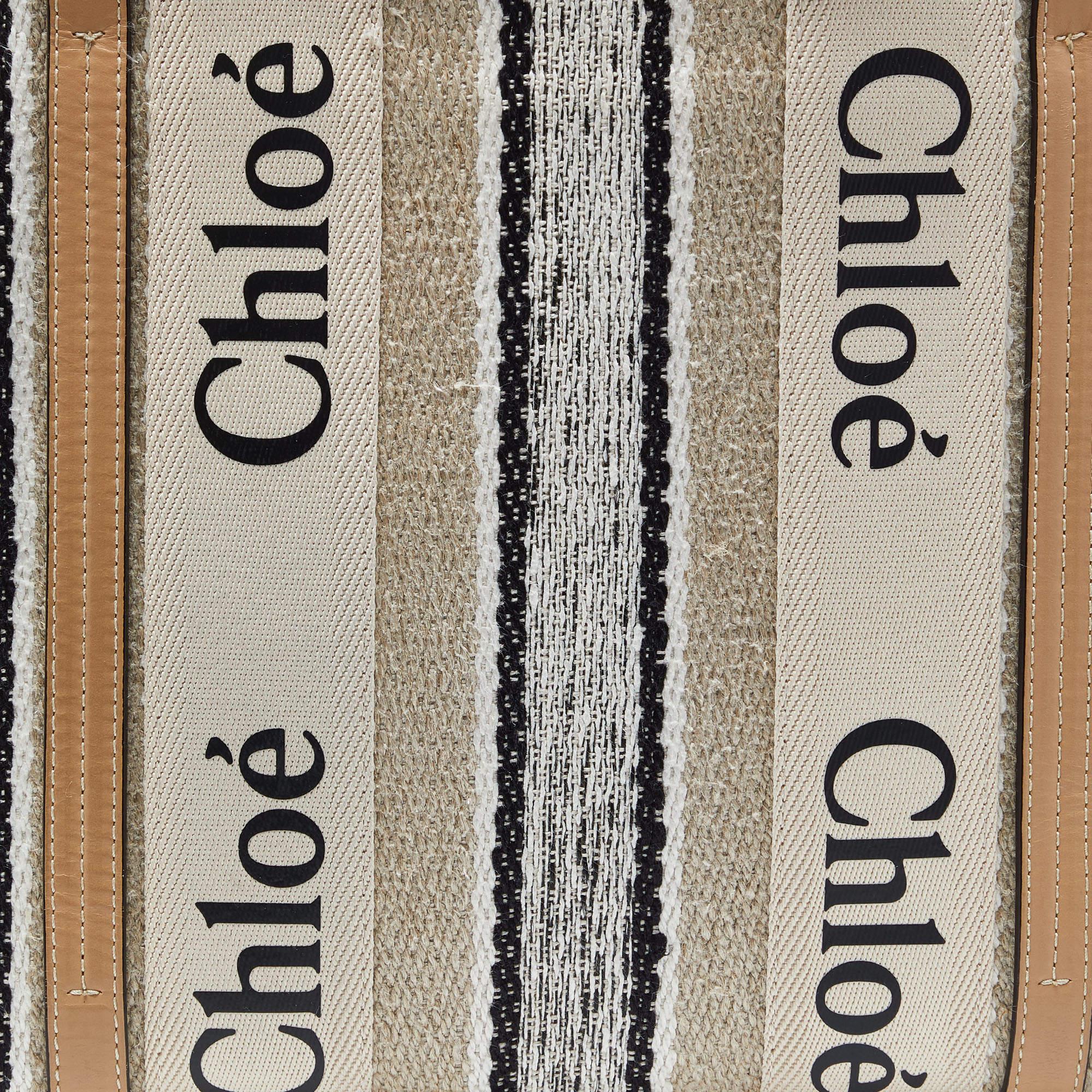 Chloe Multicolor Linen and Leather Medium Woody Tote In Good Condition In Dubai, Al Qouz 2