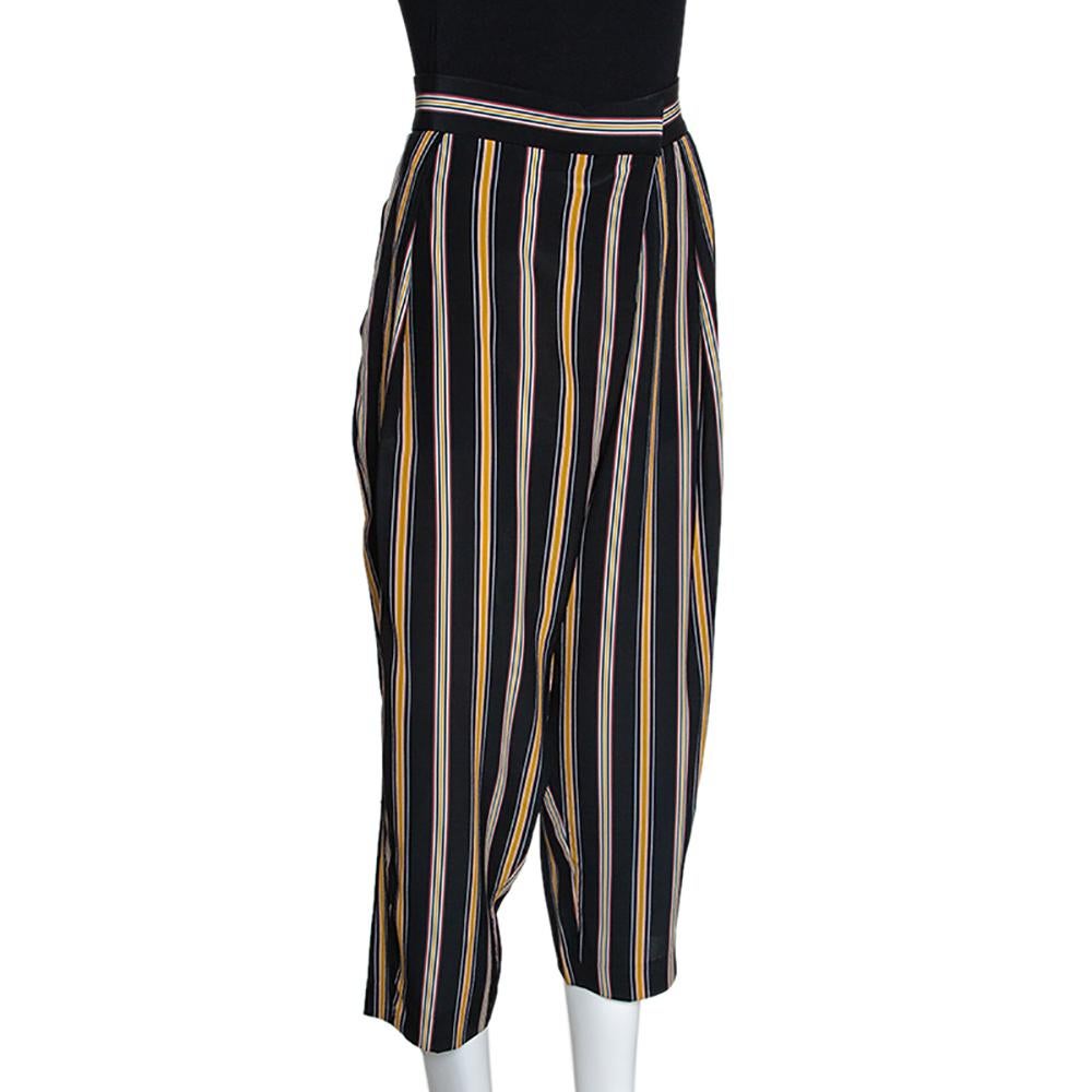 Black Chloe Multicolor Silk Rough Striped Cropped Trousers M For Sale