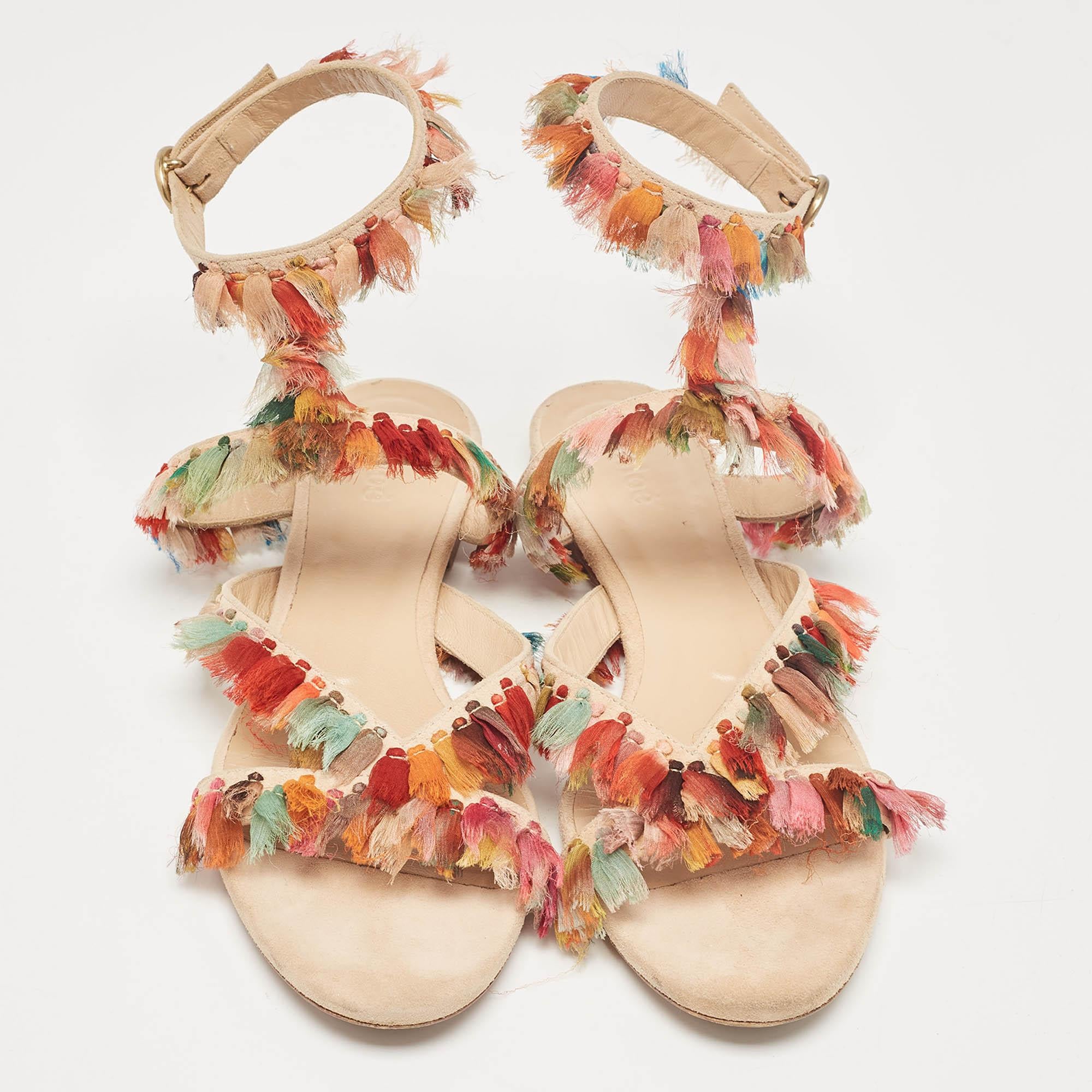 Beige Chloe Sandales plates Liz en daim et soie multicolores, taille 36 en vente