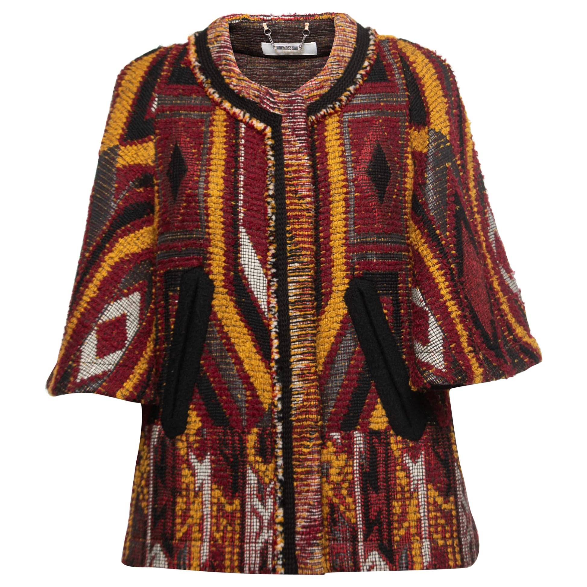 Chloe Multicolor Tribal Patterned Boucle Tweed Cape Coat S