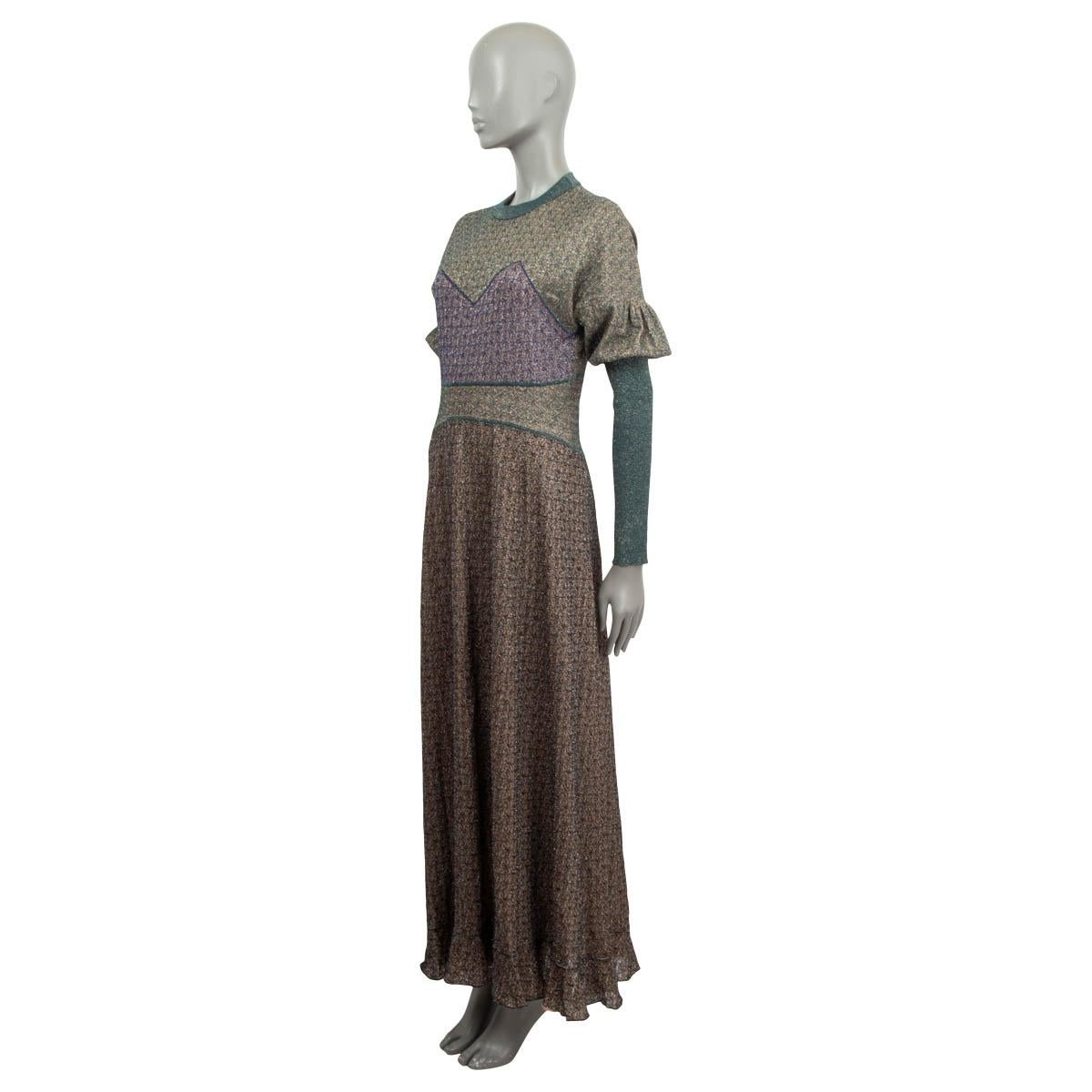 100% authentic Chloé knitted maxi dress in shiny blue, purple, green and nude viscose (44%), cotton (37%), metallic fibers (11%) and polyamide (8%). Features long puffed raglan sleeves (sleeve measurements taken from the neck) and a ruffled hem.