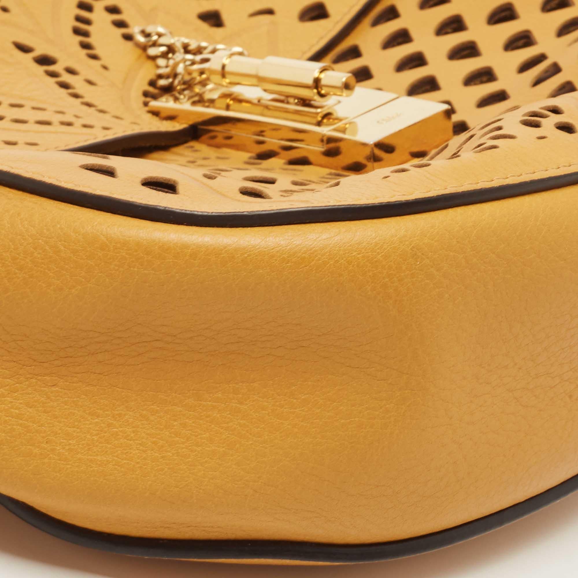 Chloe Mustard Pineapple Perforated Leather Medium Drew Shoulder Bag 8