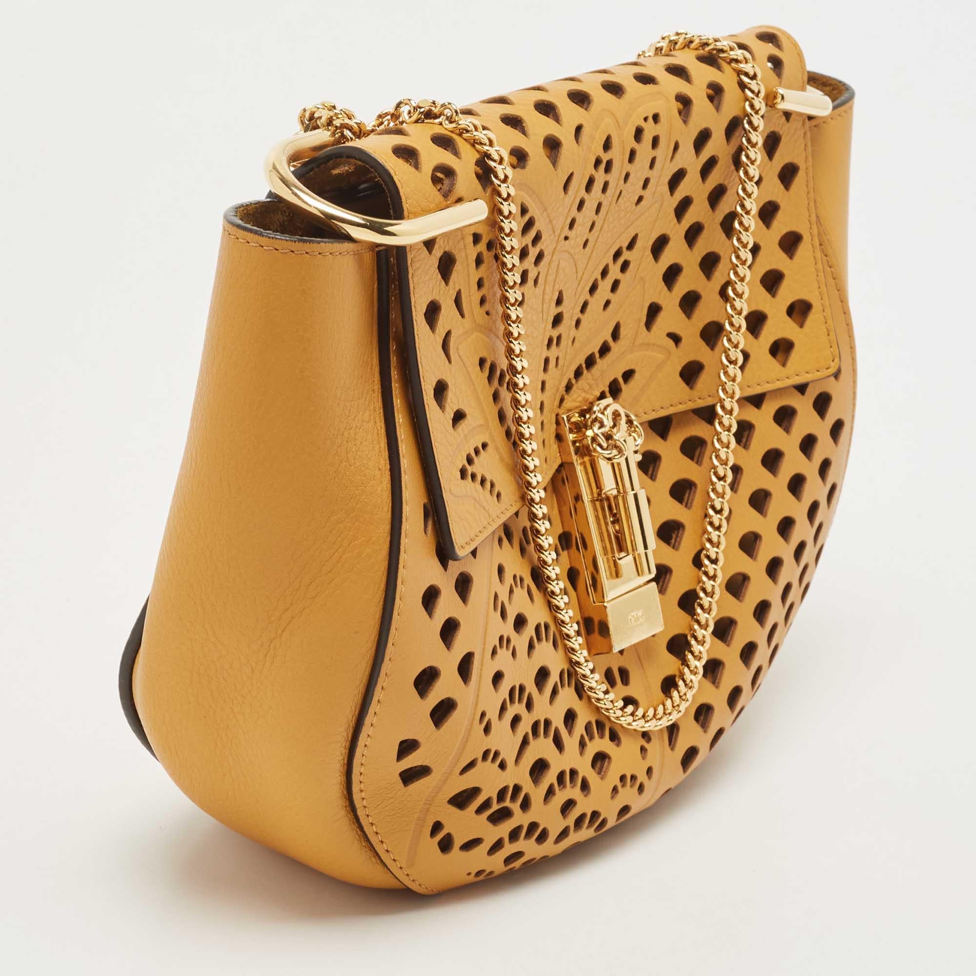 Brown Chloe Mustard Pineapple Perforated Leather Medium Drew Shoulder Bag