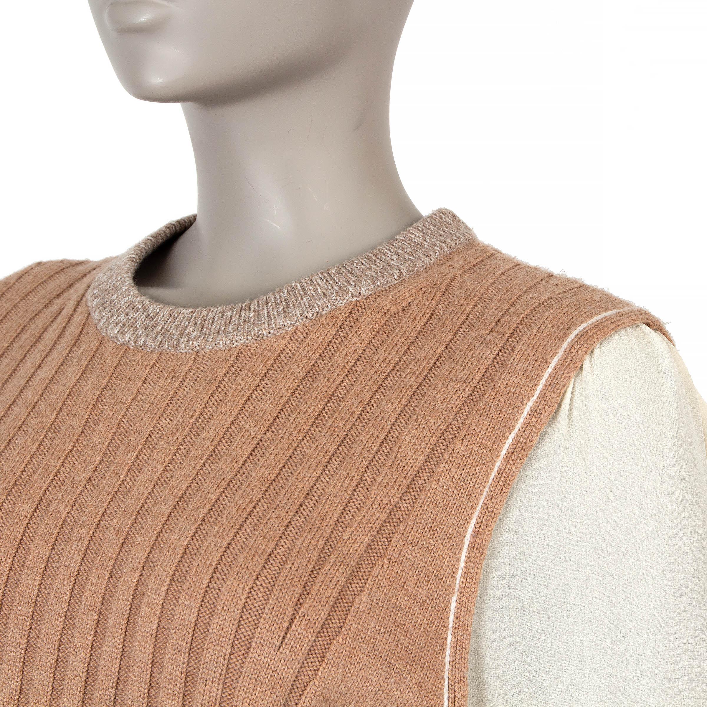 CHLOE Muted Brown nude & cream wool 2021 RIB-KNIT & SILK Sweater XS For Sale 1
