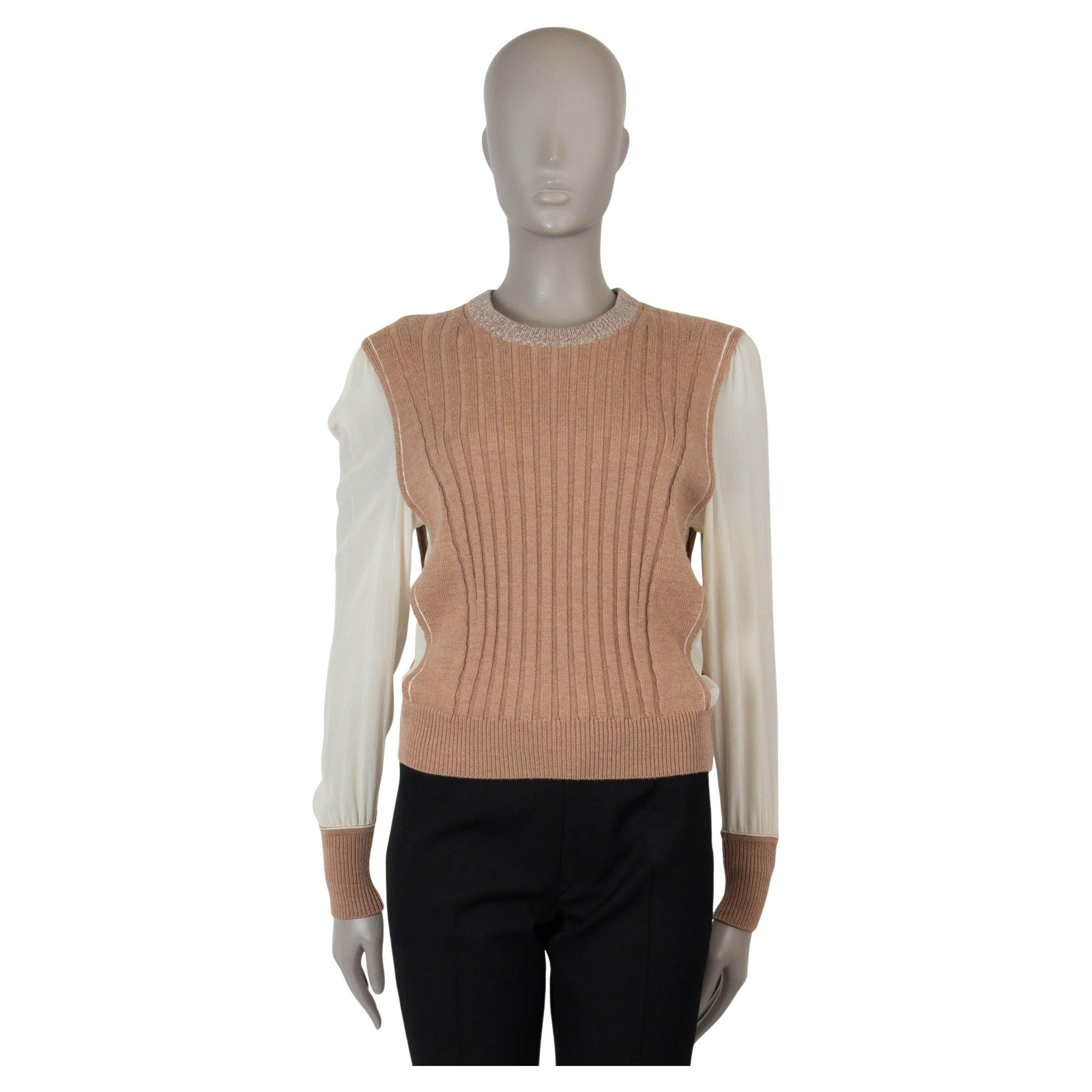 CHLOE Muted Brown nude & cream wool 2021 RIB-KNIT & SILK Sweater XS For Sale