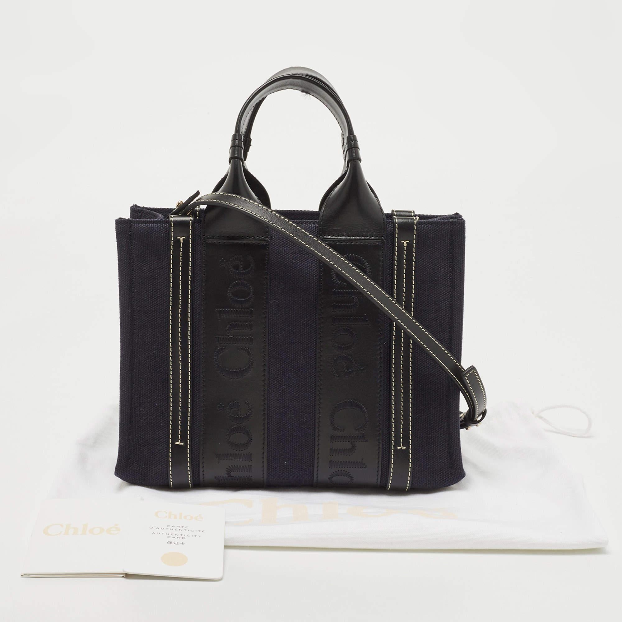 Chloe Navy Blue/Black Canvas and Leather Small Woody Tote 6