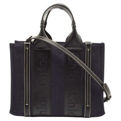 Chloe Navy Blue/Black Canvas and Leather Small Woody Tote