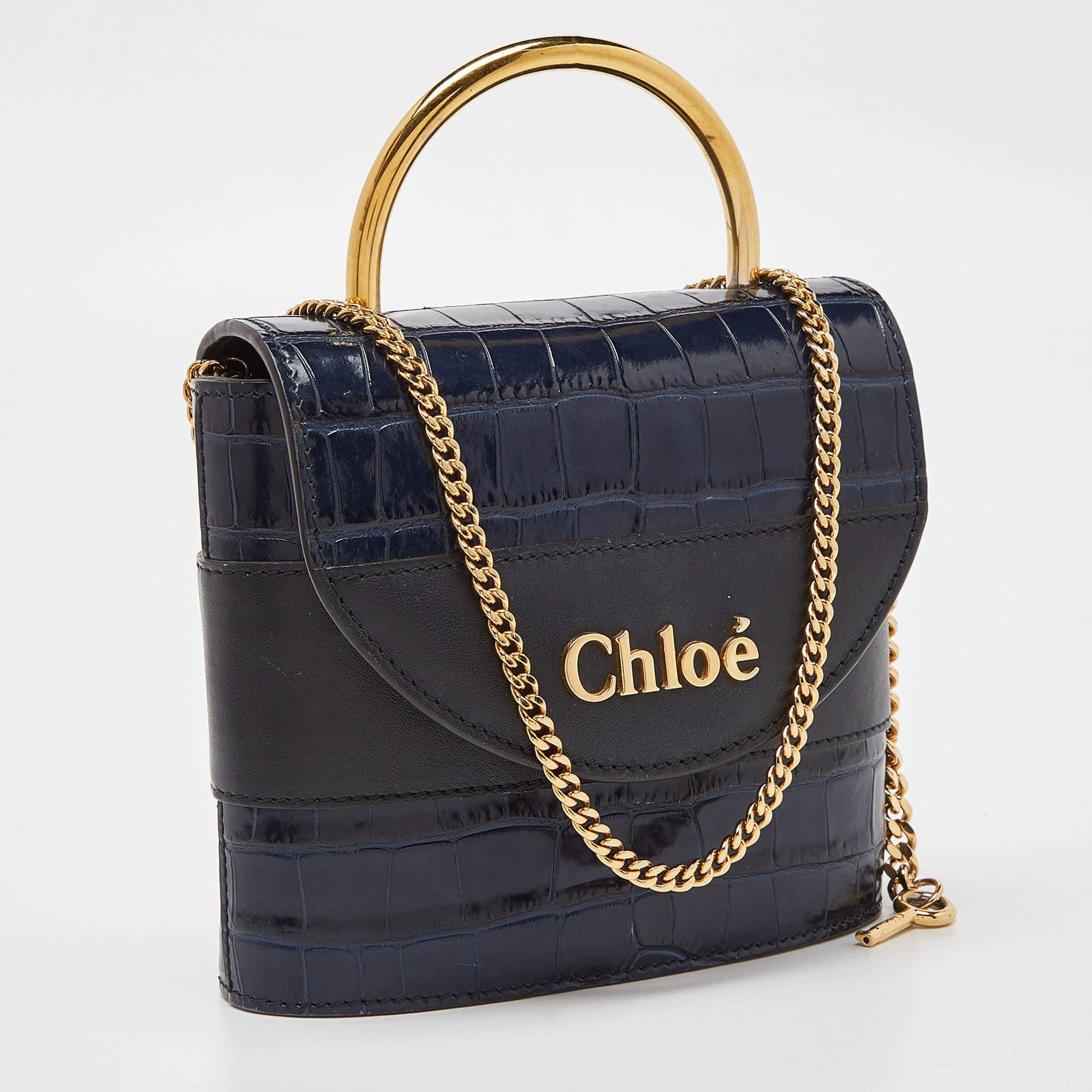 Women's Chloe Navy Blue/Black Croc Embossed and Leather Small Aby Lock Bag