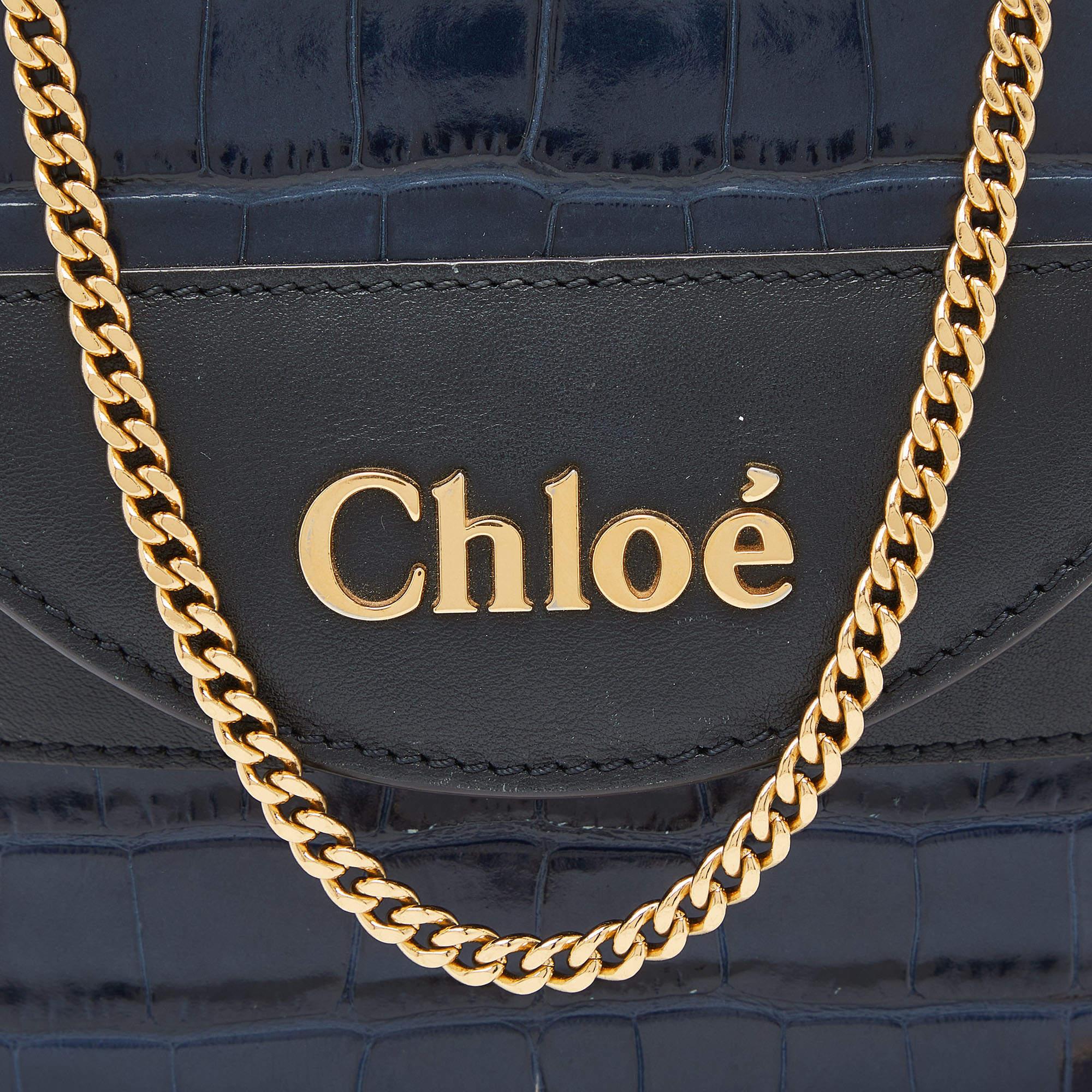 Chloe Navy Blue/Black Croc Embossed and Leather Small Aby Lock Bag 4
