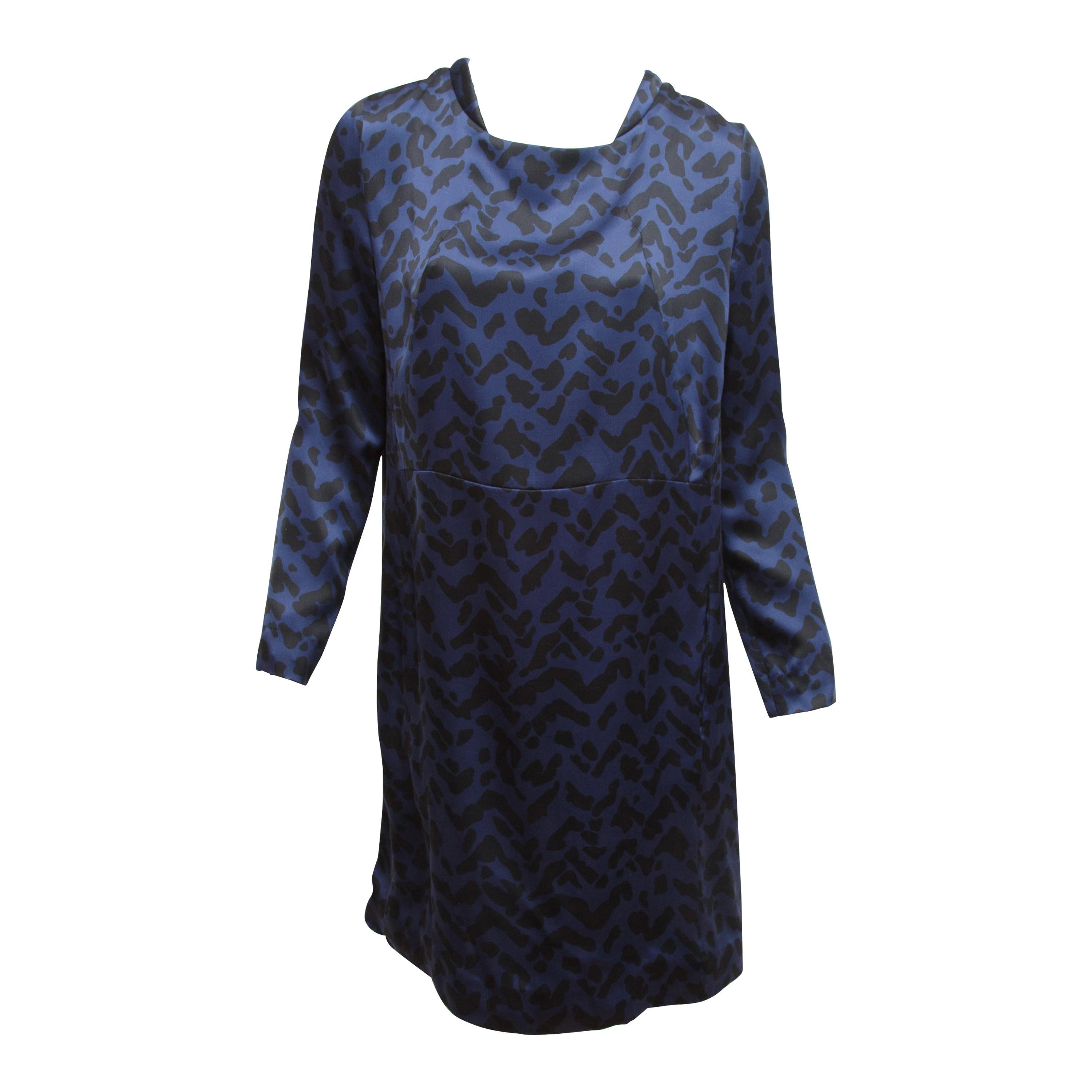 Chloe Navy Blue & Black Printed Silk Shift Dress