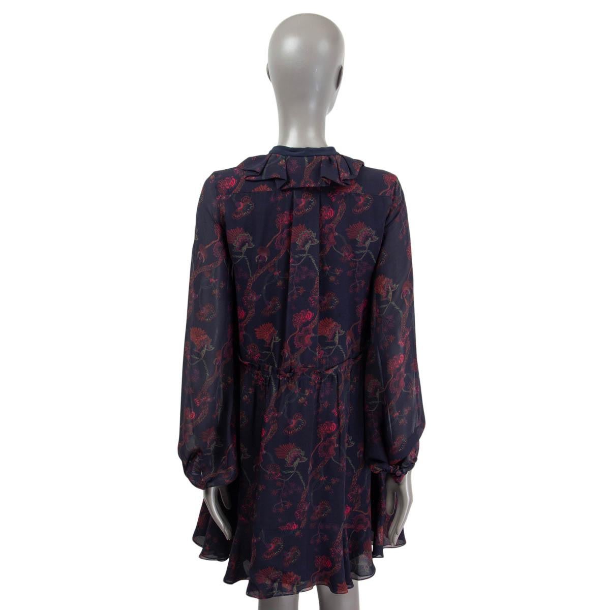 Red CHLOE navy blue & burgundy FLORAL PUSSY BOW Dress 34 XXS For Sale