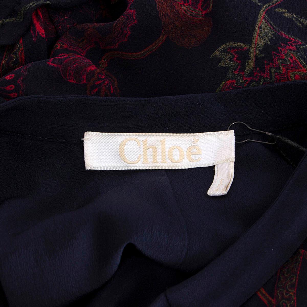 CHLOE navy blue & burgundy FLORAL PUSSY BOW Dress 34 XXS For Sale 1