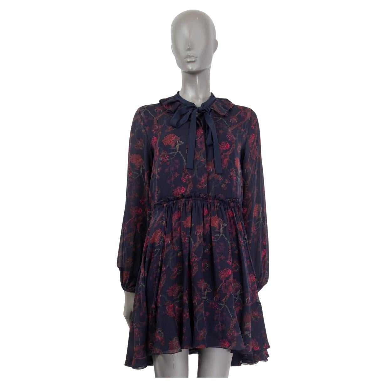 CHLOE navy blue & burgundy FLORAL PUSSY BOW Dress 34 XXS For Sale