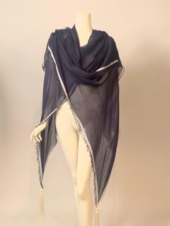 Chloe Navy Blue Cotton Shawl with Long White Silk Tassels