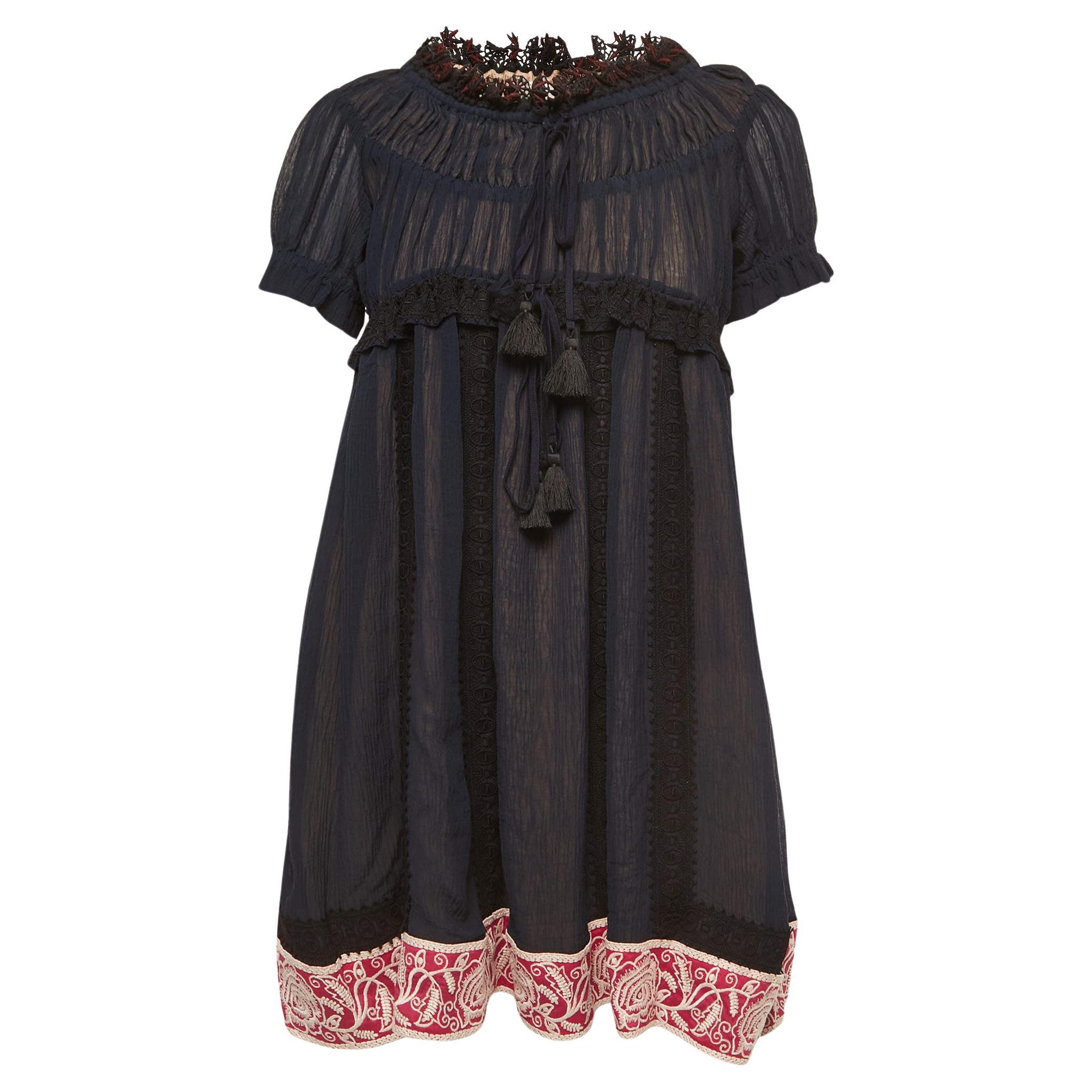 Chloe Navy Blue Cotton & Silk Mini Dress  For Sale