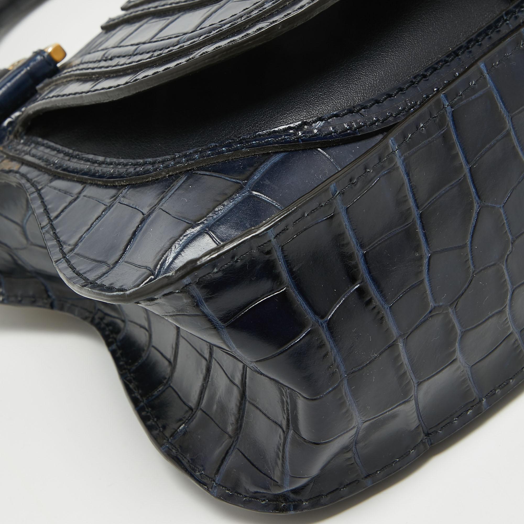 Chloe Navy Blue Croc Embossed Leather Marcie Hobo For Sale 7