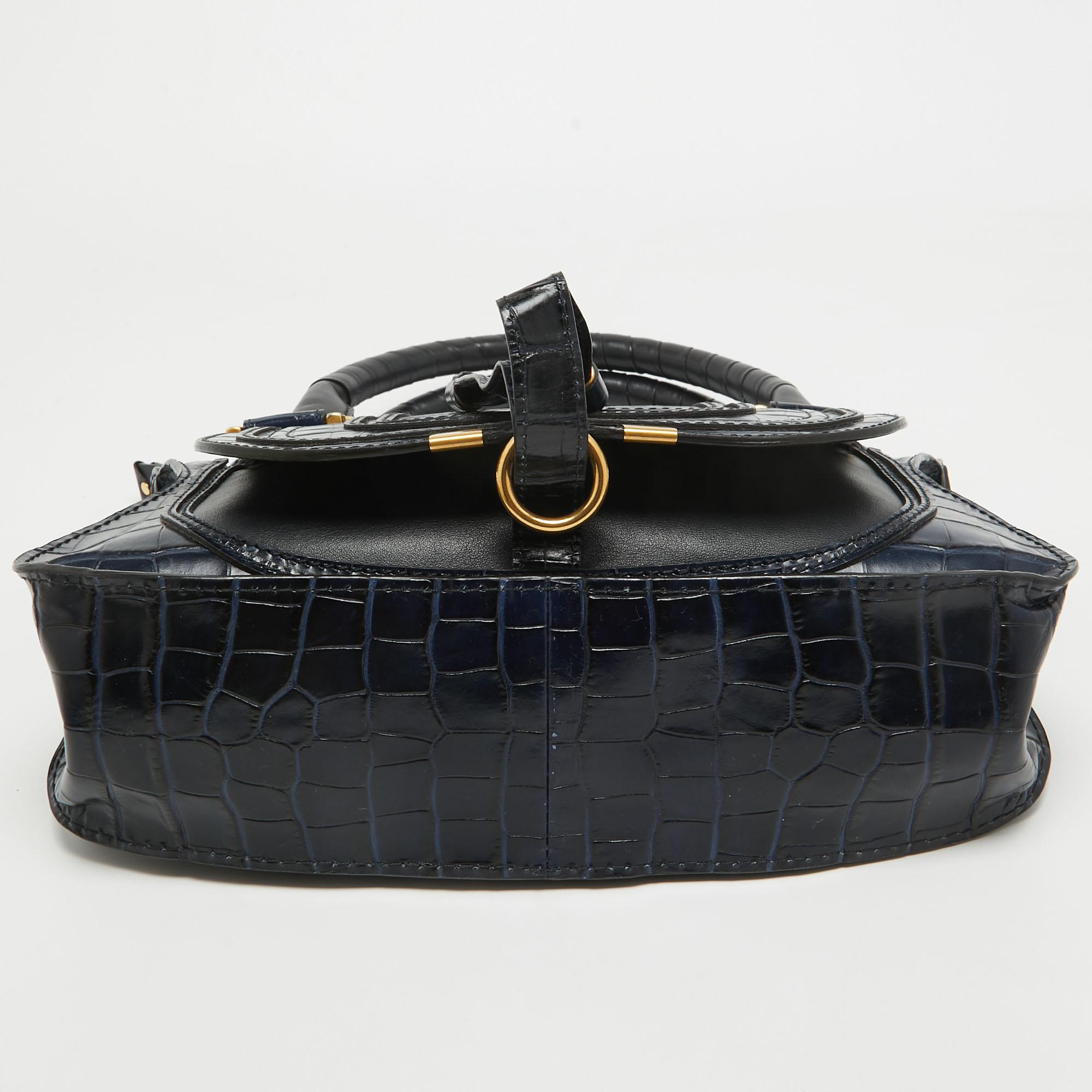 Chloe Navy Blue Croc Embossed Leather Marcie Hobo For Sale 2