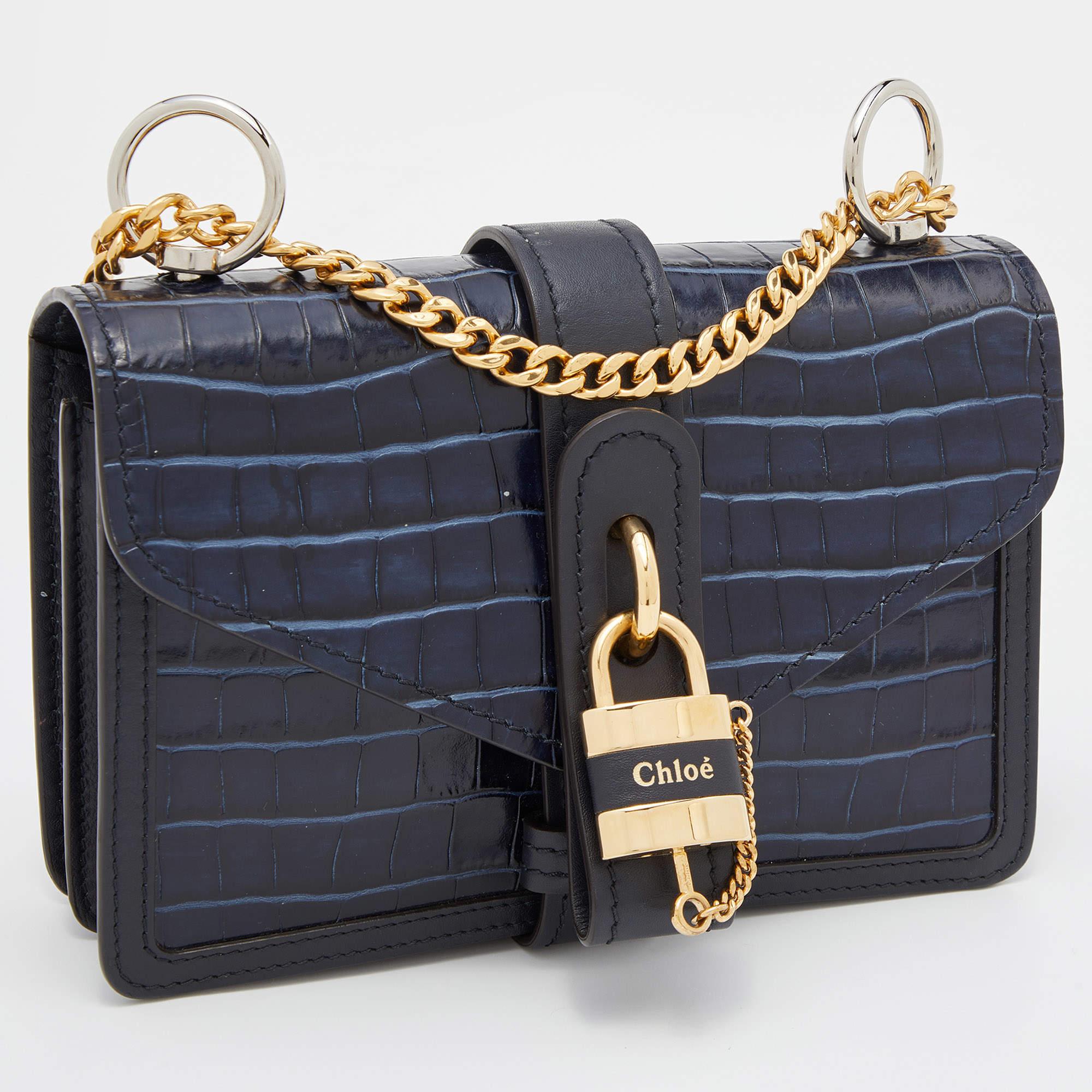 Women's Chloe Navy Blue Croc Embossed Leather Mini Aby Chain Shoulder Bag