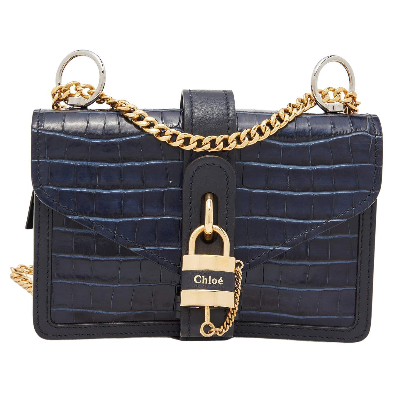 Chloe Navy Blue Croc Embossed Leather Mini Aby Chain Shoulder Bag