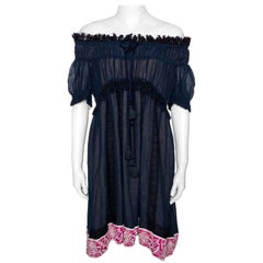 Chloe Navy Blue Embroidered Ruffle Crinkled Chiffon Off Shoulder Dress S