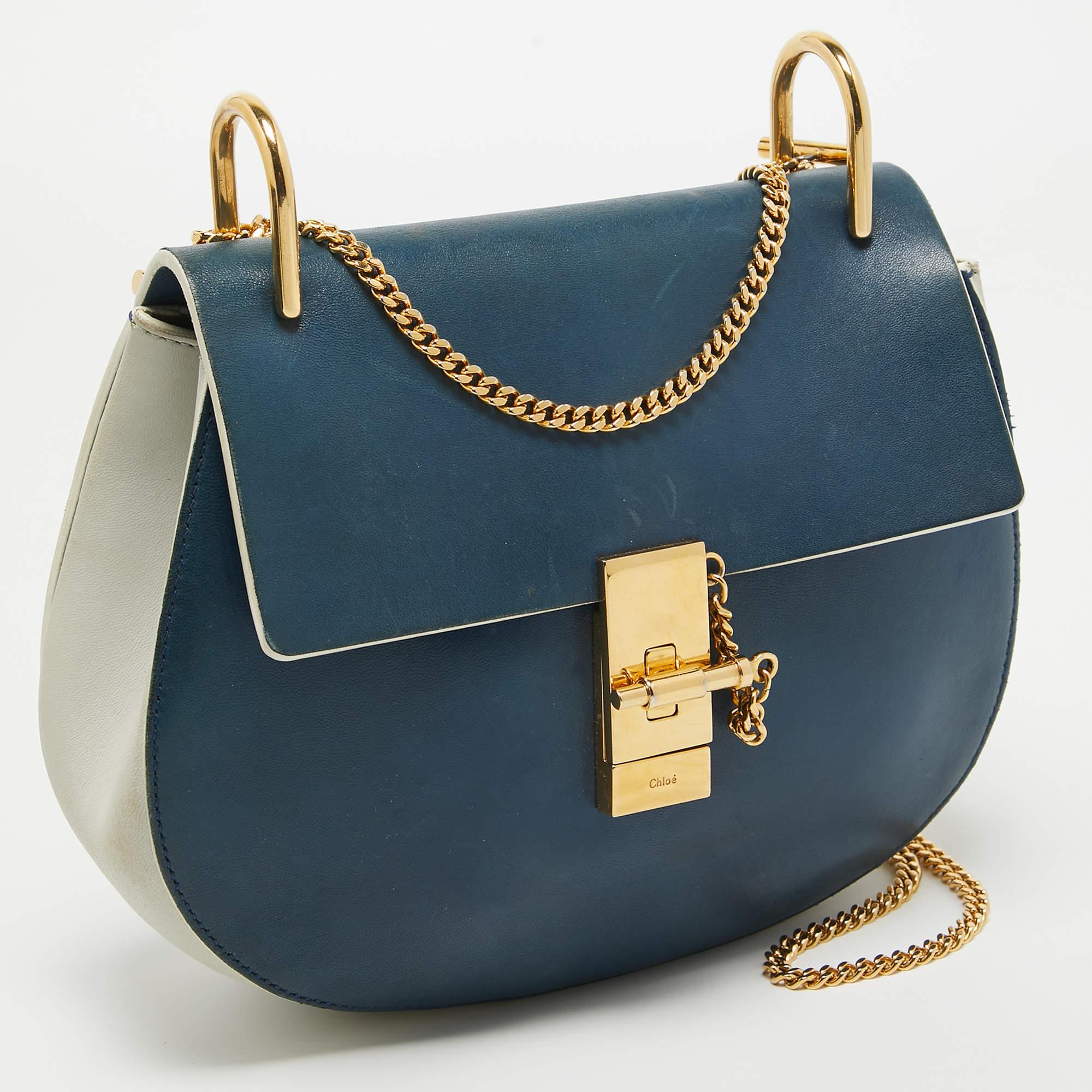 Chloe Navy Blue/Grey Leather Medium Drew Shoulder Bag en vente 9