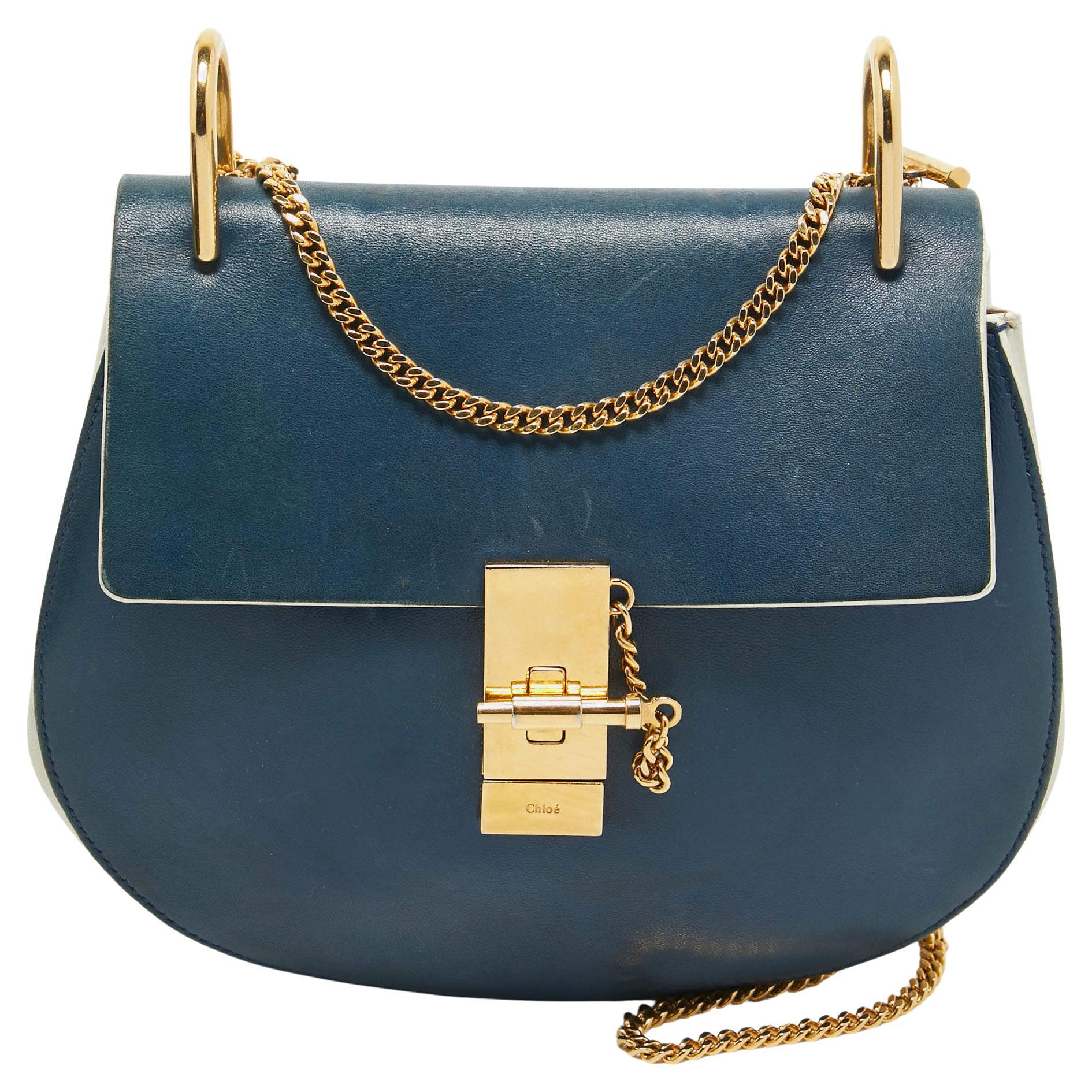 Chloe Navy Blue/Grey Leather Medium Drew Shoulder Bag en vente