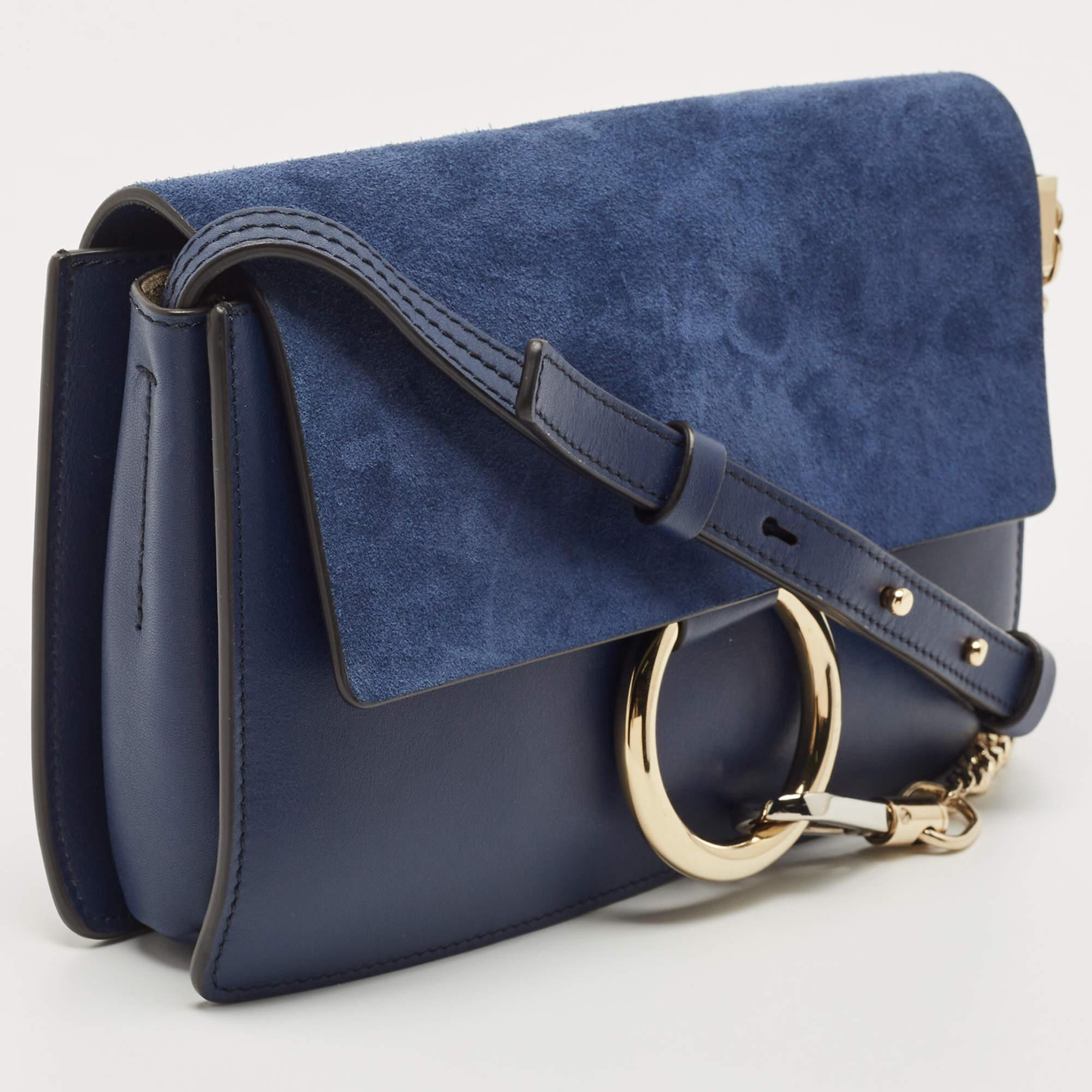 Black Chloe Navy Blue Leather and Suede Small Faye Shoulder Bag