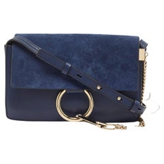 Chloe Navy Blue Leather and Suede Small Faye Shoulder Bag