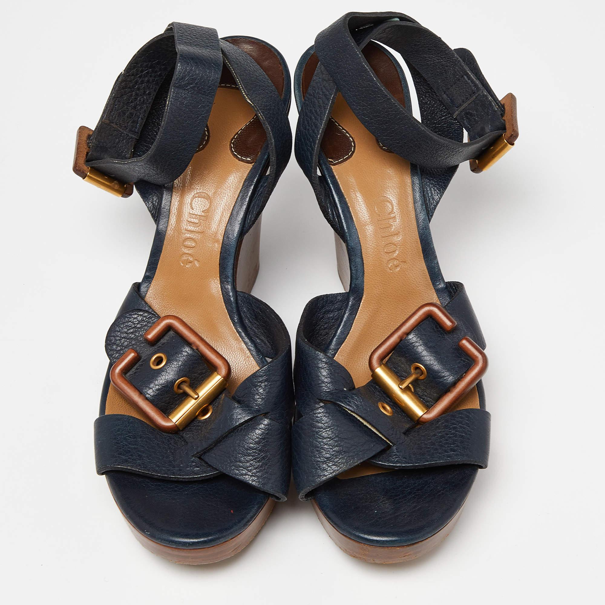 Brown Chloe Navy Blue Leather Buckle Detail Wedge Platform Ankle Wrap Sandals Size 38 For Sale