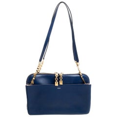 Chloe Navy Blue Leather Side Pocket Chain Shoulder Bag