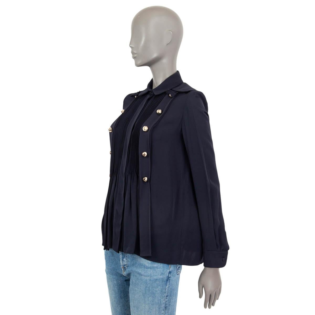 Women's CHLOE navy blue silk PLEATE BUTTON DETAILED Blouse Shirt 34 XXS For Sale