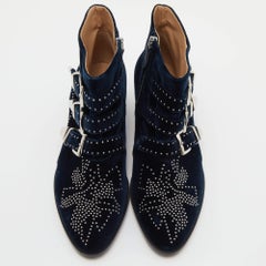 Chloe Navy Blue Studded Velvet Susanna Boots Size 38.5