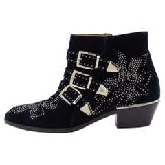 Used Chloe Navy Blue Studded Velvet Susanna Boots Size 38.5