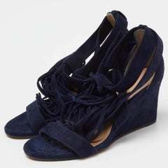 Chloe Navy Blue Suede Cross Strap Fringe Detail Wedge Sandals Size 36