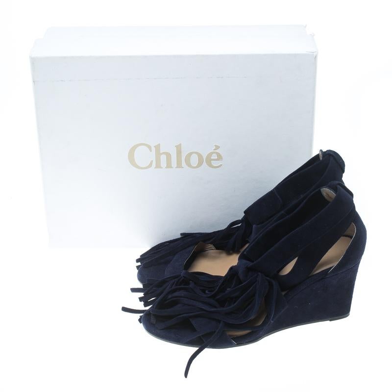 Black Chloe Navy Blue Suede Cross Strap Fringe Tassel Detail Wedge Sandals Size 36