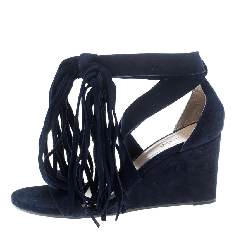 Women's Chloe Navy Blue Suede Cross Strap Fringe Tassel Detail Wedge Sandals Size 36