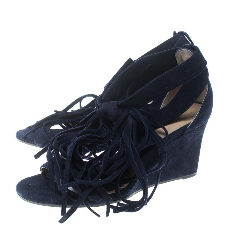 Chloe Navy Blue Suede Cross Strap Fringe Tassel Detail Wedge Sandals Size 36 2