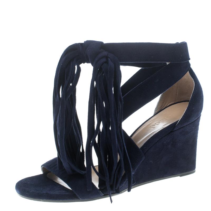 Chloe Navy Blue Suede Cross Strap Fringe Tassel Detail Wedge Sandals Size 36