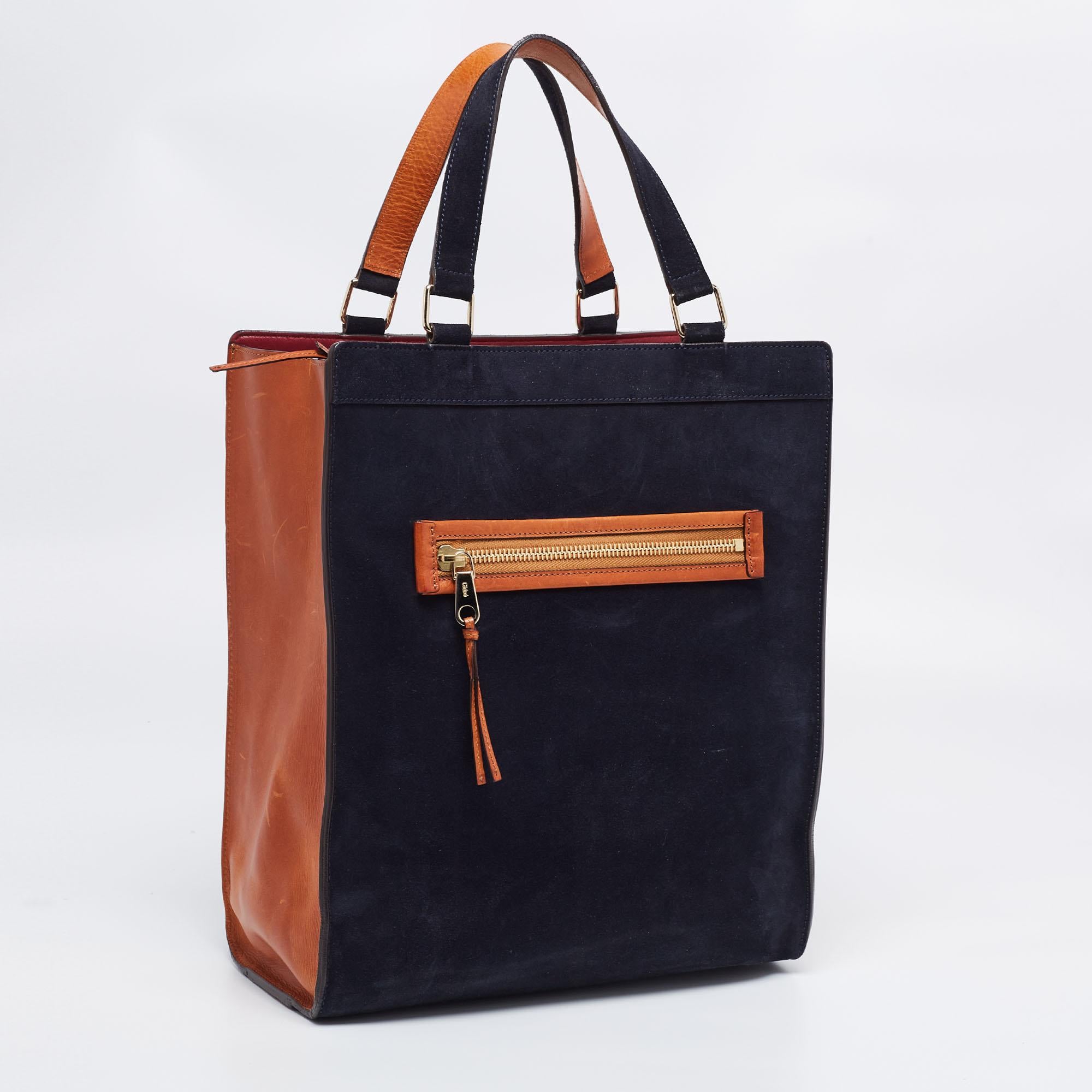Black Chloe Navy Blue/Tan Suede and Leather Top Zip Tote