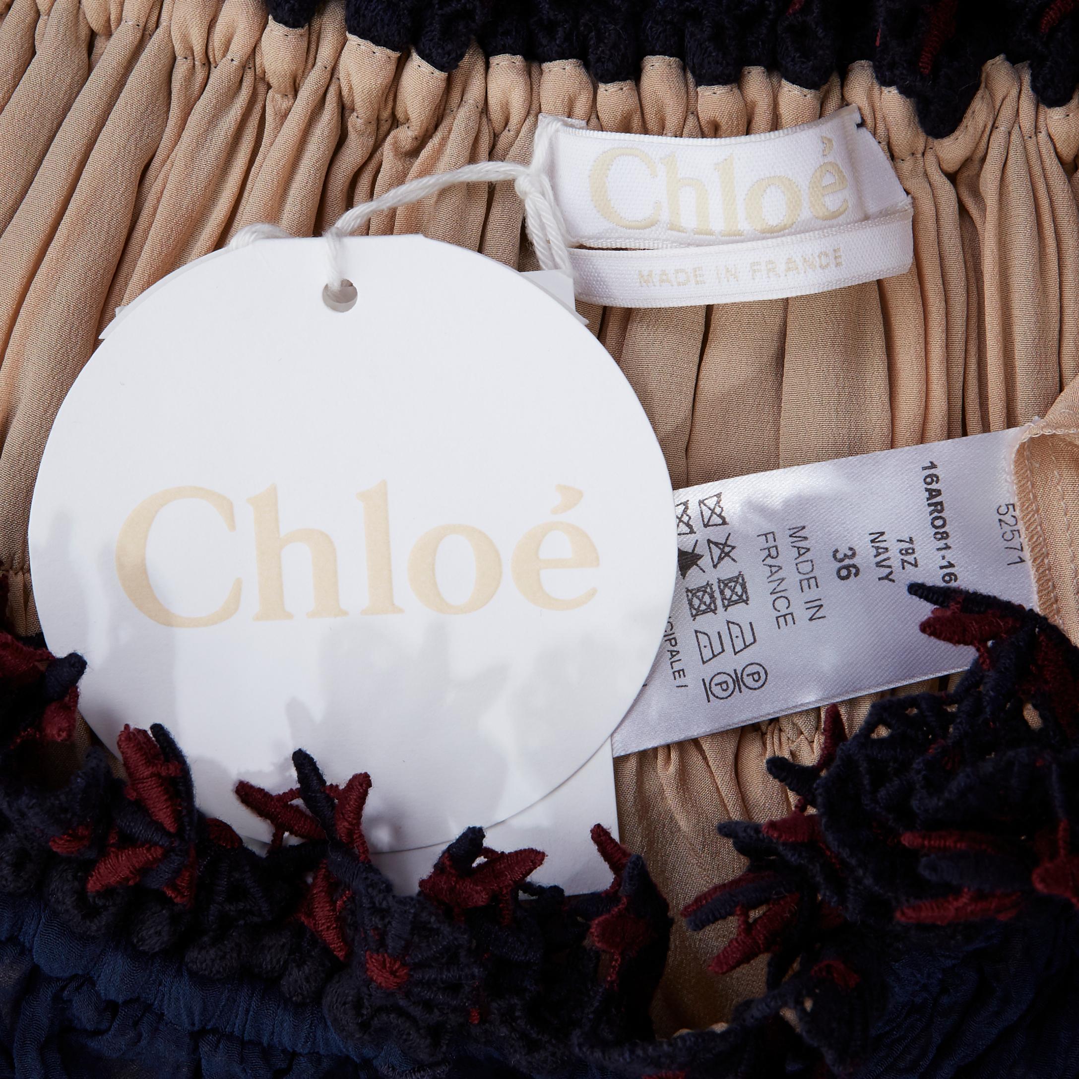 CHLOE navy embroidery lace trim off shoulder boho dress FR36 S For Sale 6