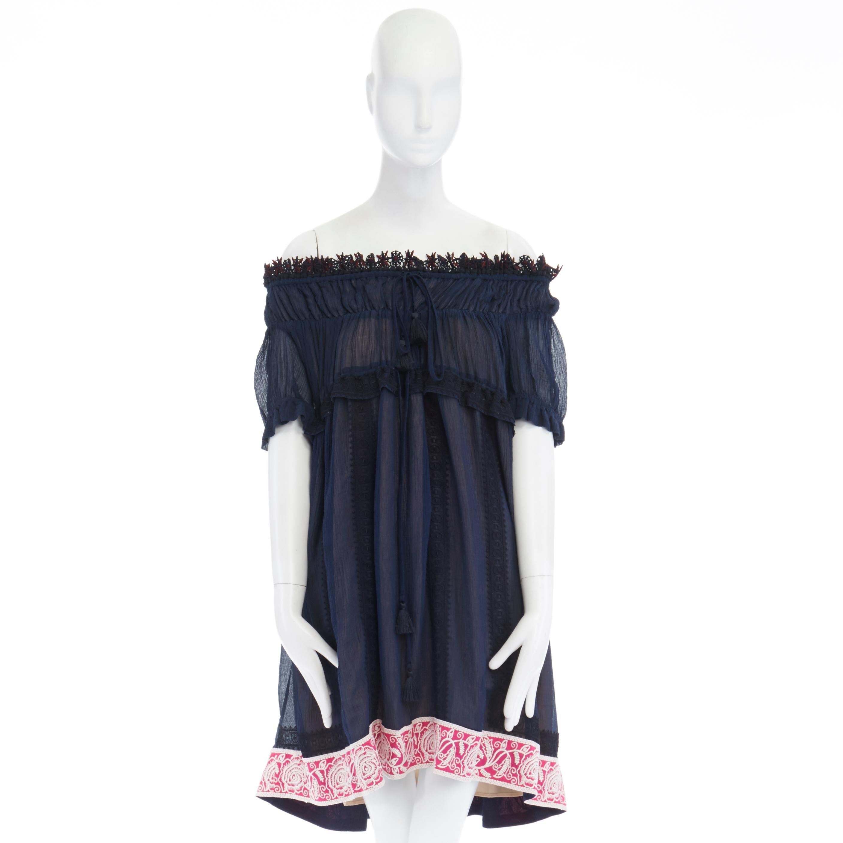 Black CHLOE navy embroidery lace trim off shoulder boho dress FR36 S For Sale